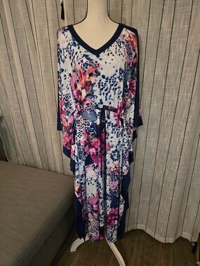 Midnight by Carole Hochman Navy, Pink and White Floral Maxi Caftan